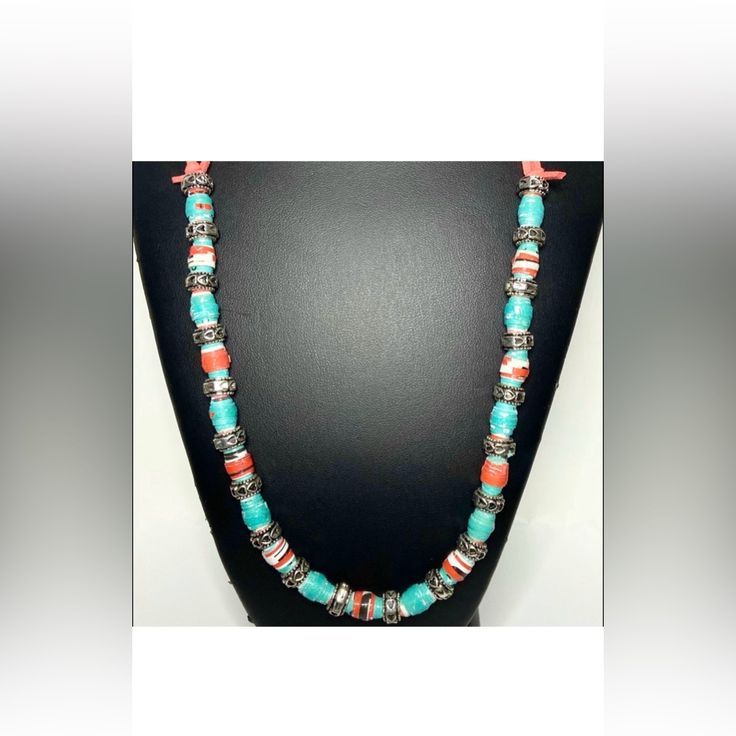 Handmade Recycle Paper Bead Necklace. In Orange And Turquoise. The Paper Beads Were Treated With A High Quality Glaze That Makes The Beads Very Durable. Has Silver Heart Spacers Beads. On Orange Leather Strap. New With Tags. Expandable From 26” To 40”. Please Contact Me If You Have Any Questions. Turquoise Beach Necklace With Round Spacer Beads, Southwestern Style Large Beads For Beach, Bohemian Coral Beaded Necklace, Southwestern Style Large Beads, Southwestern Orange Beaded Necklaces With Round Beads, Multicolor Turquoise Necklace With Round Beads For Beach, Southwestern Style Large Beach Beads, Southwestern Orange Beaded Necklace With Round Beads, Multicolor Turquoise Beach Necklace With Round Beads