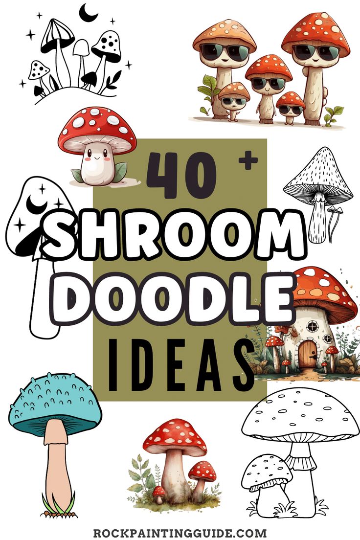 the words, 40 + mushroom doodle ideas are shown in black and white