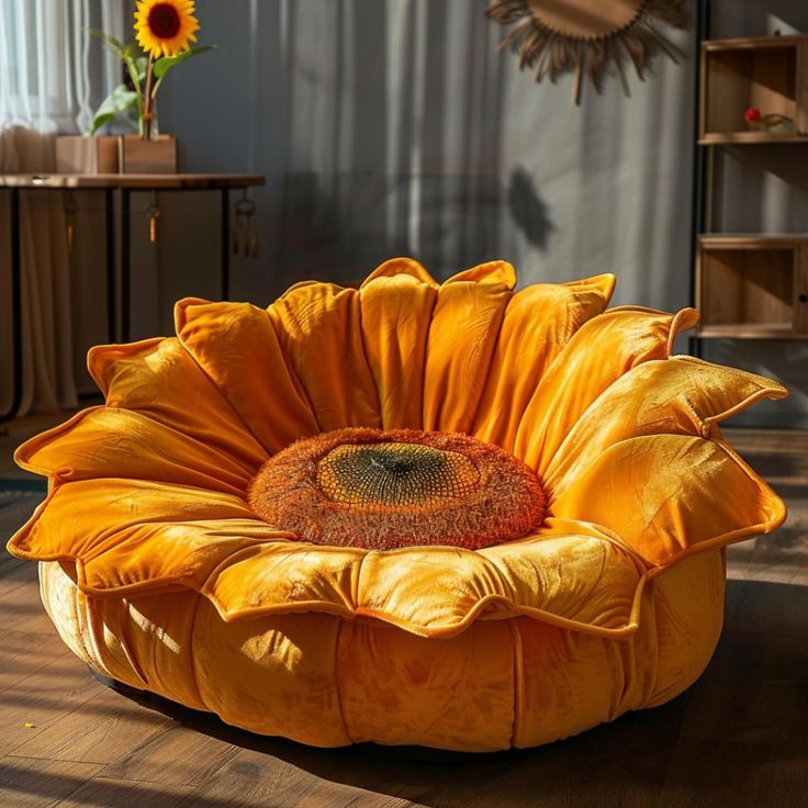 a yellow flower shaped chair sitting on top of a wooden floor