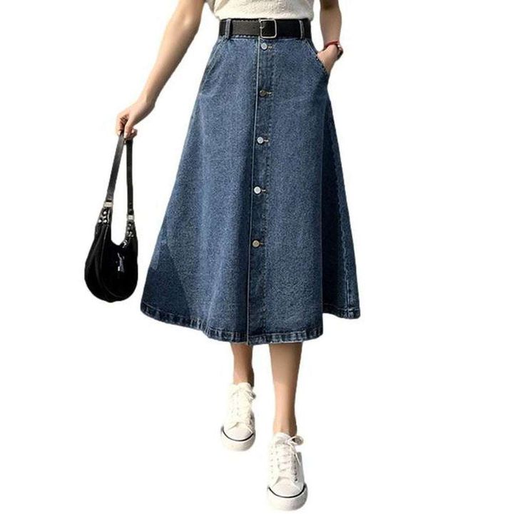 Non-stretch Mid-rise Denim Skirt For Spring, Non-stretch High Waist Denim Skirt For Spring, Spring Knee-length Denim Blue Skirt, Non-stretch Denim Skirt With Button Closure For Spring, Non-stretch High-waisted Skirt With Button Closure, High-waisted Non-stretch Skirt With Button Closure, Spring Non-stretch Denim Skirt, Non-stretch Denim Skirt With Button Closure, Denim Blue High Waist Skirt With Button Closure