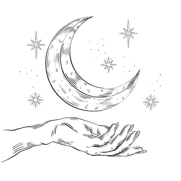 two hands reaching for the moon with stars in the background