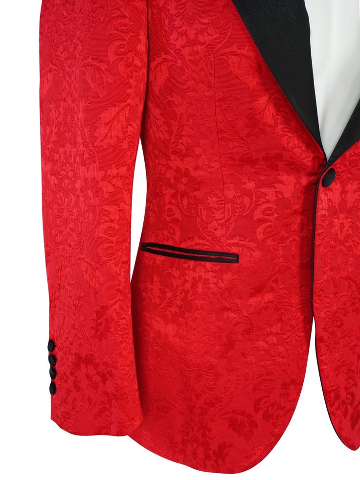 Red Designer Fiore Fabric Woven In France Satin Black Signature Black Peak Lapels Single Button Closure Soft, natural shoulder construction Chest Barchetta Pocket Dual Vents Satin covered buttons Handmade in any size! Includes a Sebastian Cruz Couture Pocket Square of your choice! All of our jackets are made with 4" extra of fabric to ensure you don't have to send it back to us if it's too small or too big. You can tailor your jacket 2 sizes bigger and/or smaller if needed. We guarantee your sat Dinner Jacket, Build A Wardrobe, Extra Fabric, Soft Natural, Wedding Looks, Top Sales, Covered Buttons, Pocket Square, Sport Coat