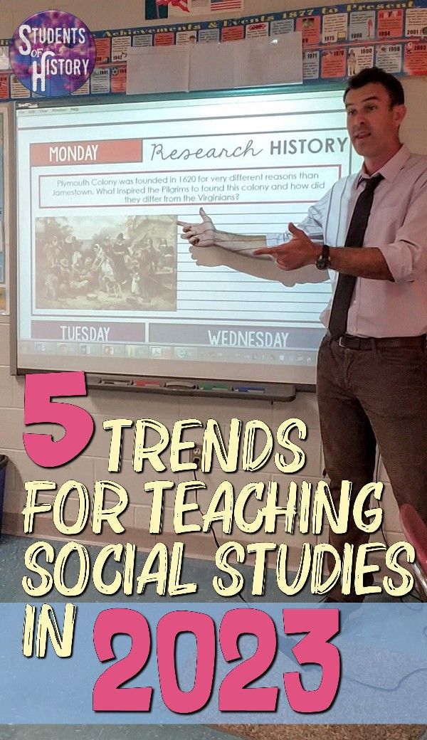 a man standing in front of a projector screen with the words 5 trends for teaching social studies in 2053