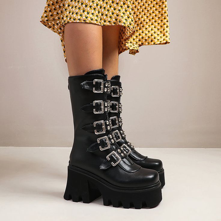 Be cool in these buckle punk bootsUpper Material: PULining Material: Short PlushShaft Material: PUToe Shape: Square ToeOutsole Material: RubberClosure Type: ZipPlatform Height: 5-7cmFashion Element: Platform. rivet and buckle decoration Goth Boots, Punk Shoes, Gothic Shoes, Black High Boots, Punk Boots, Summer Boots, Black Platform Boots, Boot Straps, Platform Heels Chunky