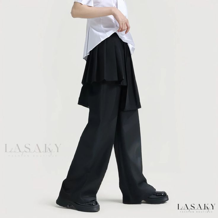 Lasaky - Asymmetric Pleated High-Waisted Wide Leg Pants with Minimalist Design Chic Asymmetrical Hem Bottoms For Work, Asymmetrical Bottoms For Workwear In Fall, Asymmetrical Workwear Bottoms For Spring, Modern Asymmetrical Hem Bottoms For Spring, Versatile Asymmetrical Bottoms For Spring, Asymmetrical Solid Bottoms For Workwear, Asymmetrical Solid Bottoms For Work, Casual Asymmetrical Work Pants, Casual Pants With Asymmetrical Hem For Spring