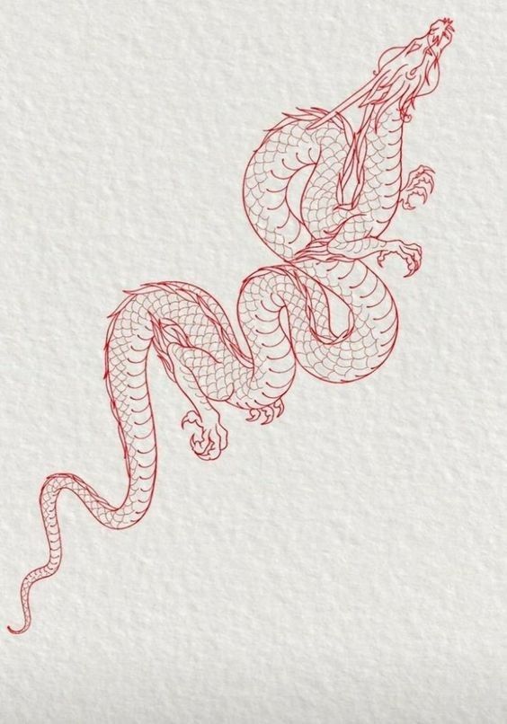 a drawing of a dragon on white paper with red ink in the shape of a snake