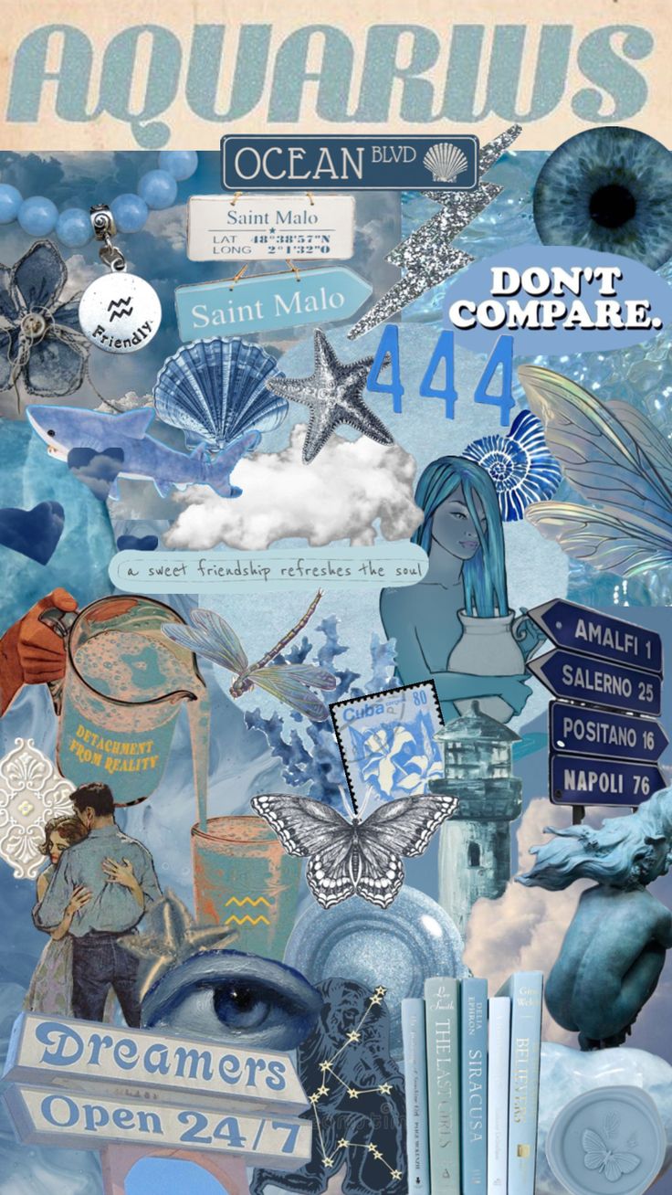 an altered collage of blue and white items with words written on the front, below them