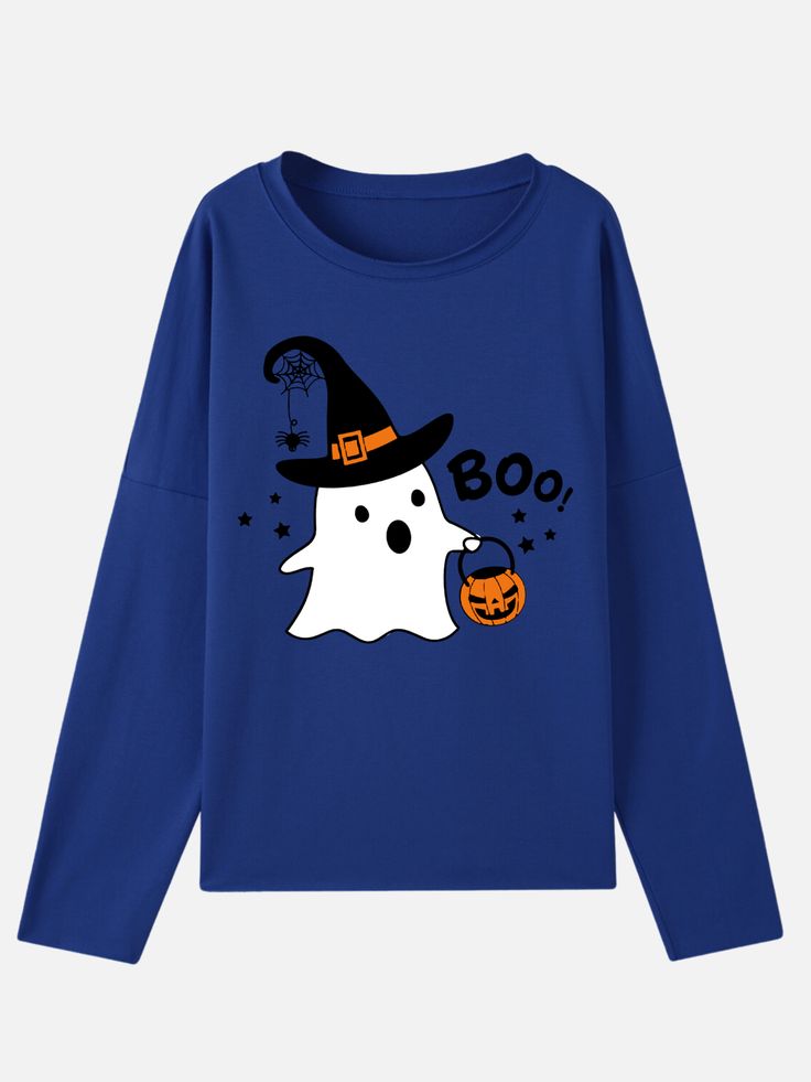 Women Halloween Sweatshirt Boo Pumpkins Funny Humor Print Sweatshirt Halloween Blue Tops With Letter Print, Blue Halloween Tops With Letter Print, Blue Halloween Top With Letter Print, Blue Halloween Letter Print Tops, Blue Letter Print Top For Halloween, Spooky Long Sleeve T-shirt For Winter, Spooky Long Sleeve Halloween Tops, Spooky Long Sleeve Tops For Fall, Fall Long Sleeve T-shirt With Character Print