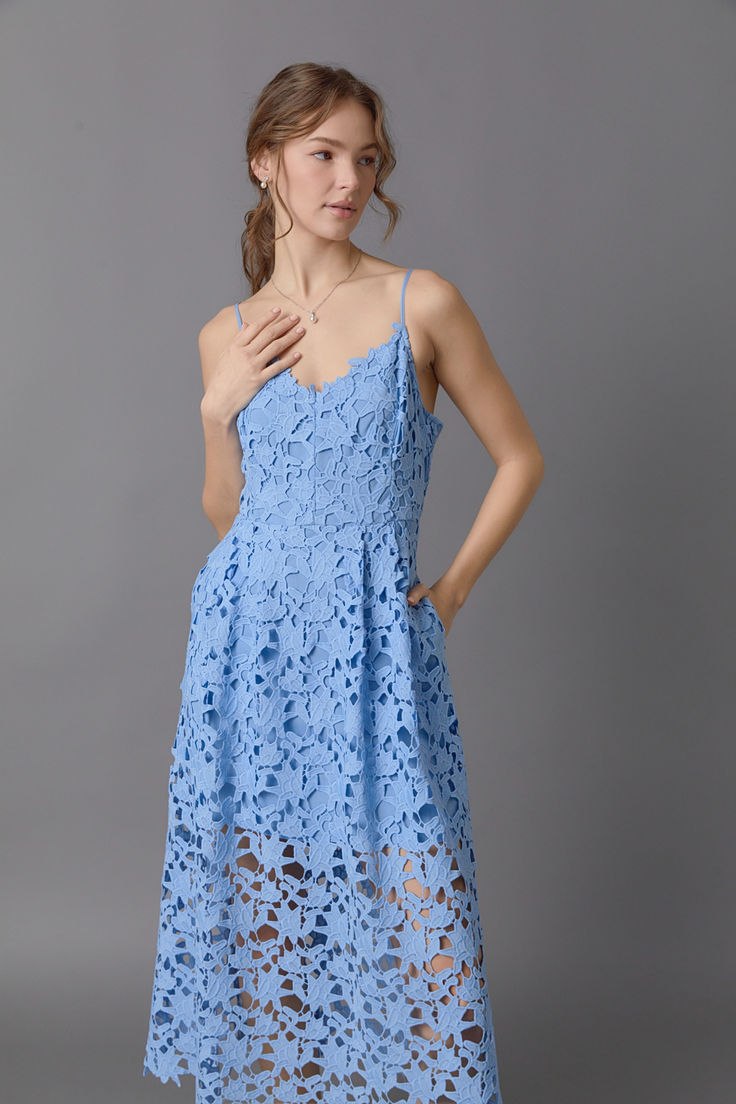 This versatile Lace Midi Dress from endless rose can be dressed up or down so you can wear it to all of your events. Dress it up with heels for an anniversary dinner, or pair it with a jean jacket and sneakers for a day of running errands. The beautiful lace overlay is the star of this dress while the adjustable spaghetti straps and back zipper ensure it fits like a glove. Summer Party Midi Dress With Lace Top, Spring Midi Dress With Scalloped Lace For Date Night, Spring Evening Dress With Scalloped Lace, Spring Evening Midi Dress With Lace Top, Spring Party Midi Dress With Lace Top, Summer Lace Dress For Date Night, Spring Evening Lace Dress With Scalloped Lace, Summer Wedding Guest Lace Dress With Scalloped Lace, Summer Wedding Guest Scallop Lace Dress