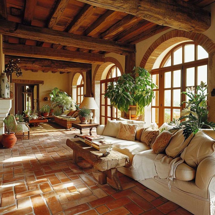 a living room filled with lots of furniture and plants on top of it's windows