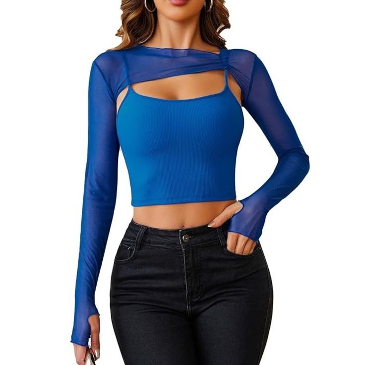 Material: Crafted From Sheer Mesh Fabric, This Long Sleeve Crop Top Exudes Allure And Sexiness. On The Other Hand, The Cami Top Is Designed With A Thick And Durable Fabric To Ensure It Is Not Easily See-Through Or Revealing. Both Tops Are Stretchy, Soft, Lightweight, And Breathable, Providing Ultimate Comfort. Two Piece Crop Top Outfitsfashionable And Trendy, This 2-Piece Clubwear Set Features A Solid Crop Top And A Cami Top. The Mesh Sheer Design Adds A Touch Of Allure, While The Long Sleeves W Mesh Top With Spaghetti Straps For Party, Mesh Cami Top For Party, Party Mesh Cami Top, Trendy Blue Mesh Top For Summer, Trendy Blue Mesh Top, Spring Mesh Cami Top, Blue Mesh Top For Summer, Blue Trendy Mesh Top For Spring, Trendy Blue Mesh Top For Spring