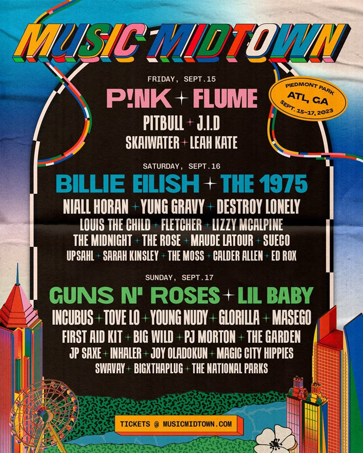 the poster for music midtown featuring pink floyd, peter fume and skewer - fish