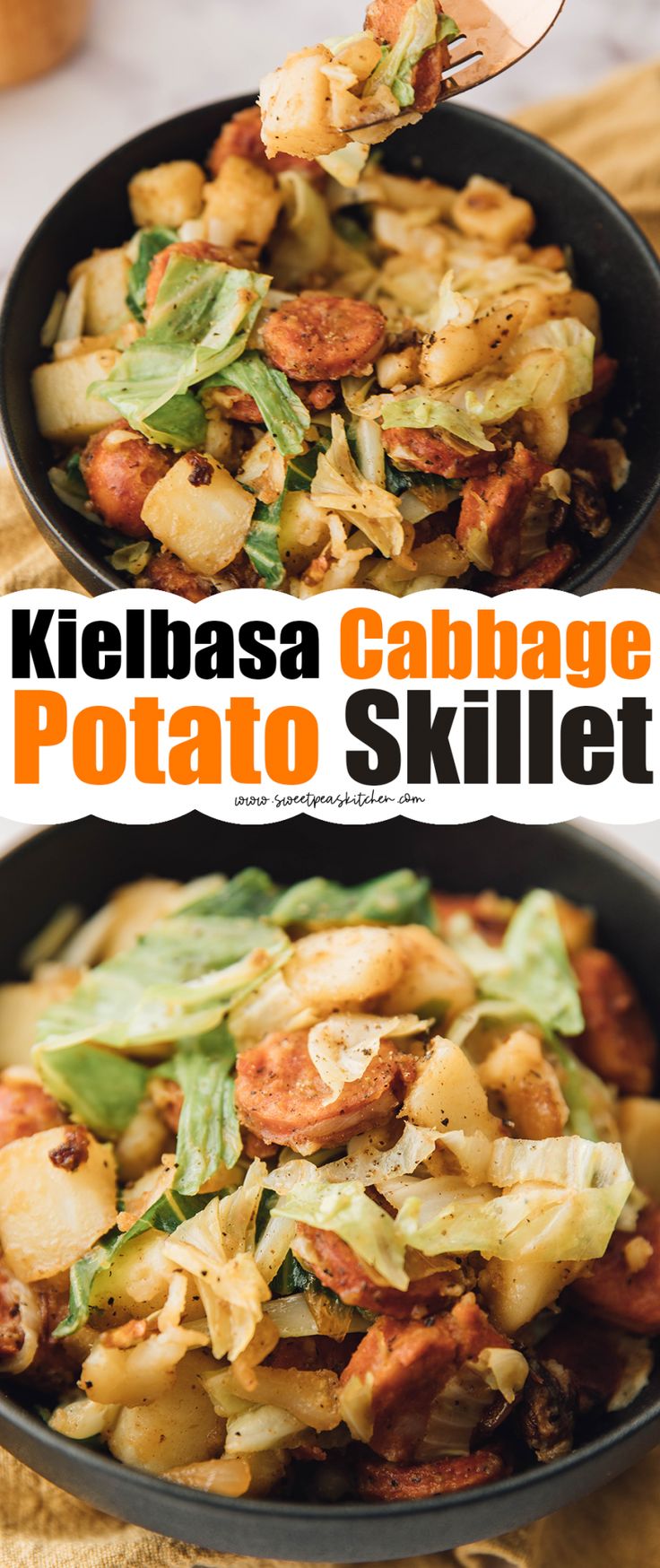 two pictures with different types of food in them and the words kielbasa cabbage potato skillet