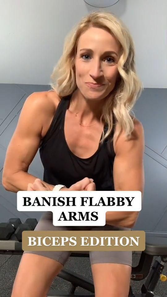 a woman sitting on top of a bench with her arms behind her back and the words banish flabby arms