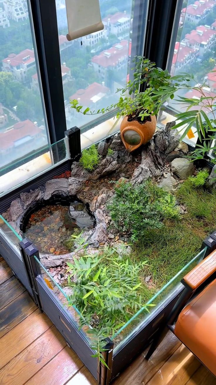 an aquarium in the middle of a wooden floor next to a window with plants growing out of it