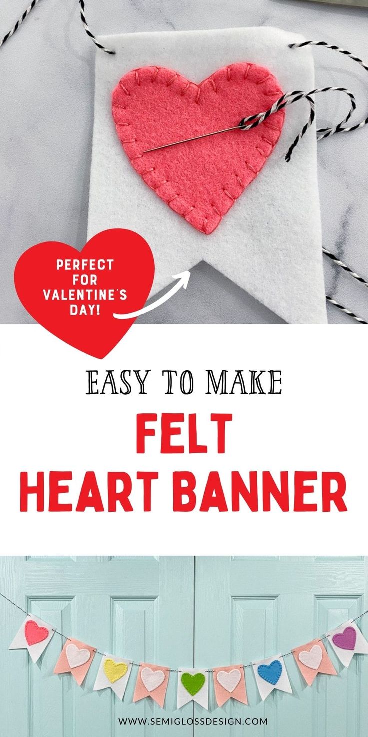 an easy to make felt heart banner for valentine's day with text overlay