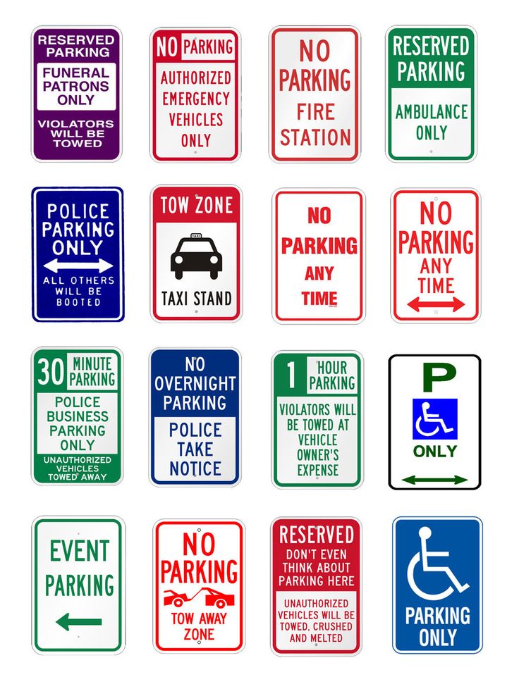 various parking signs are shown in red, blue and green colors on a white background