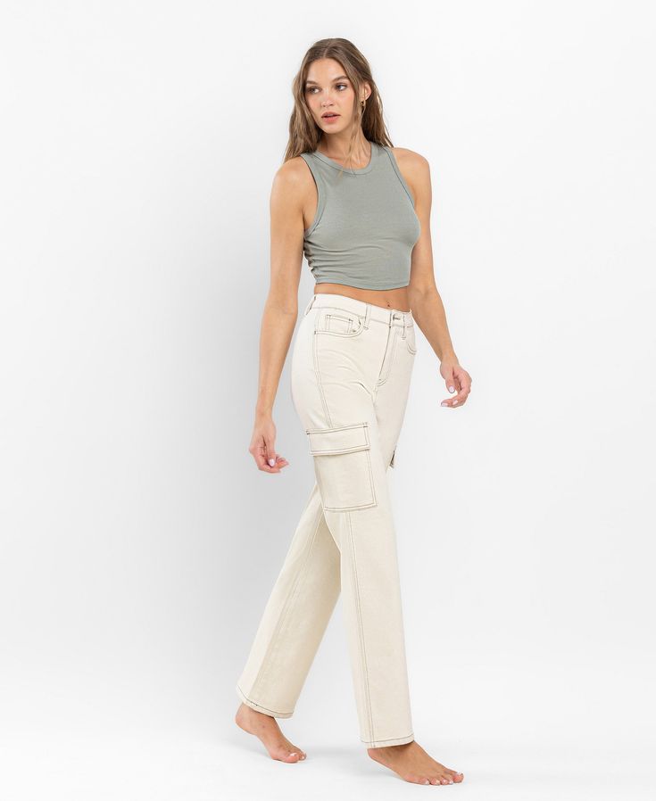 Indulge in the luxury of our Ecru 90's Super High Rise Slim Wide Cargo Jeans. Crafted with comfort stretch denim, these full length jeans feature a super high rise waist for a flattering silhouette. The utility cargo adds a touch of functionality to the vintage inspired 90's slim wide style. 90s Style Jeans, Cream Cargo Pants, Full Length Jeans, Jeans Models, Denim Cargo Pants, Dad Jeans, Cargo Jeans, Contemporary Fashion, Straight Cut