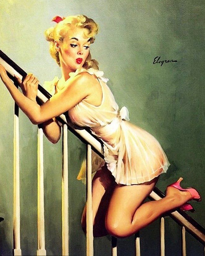 a painting of a woman leaning on the bannister rail with her legs crossed