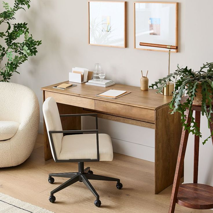 a desk with a chair, potted plant and two framed pictures on the wall