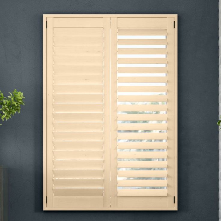 an open window with white blinds on it and a potted plant next to it