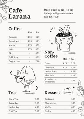 a menu with coffee and other things to eat on it, including an image of a cup