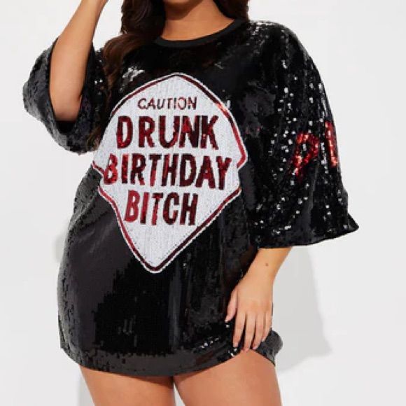 Nwt Fashion Nova Black Sequin Tshirt Dress “Caution Drunk Birthday B*Tch” One Size Fits All. Sleeves Say “Pink” Long Sleeve T-shirt For Spring Party, Graphic Print Top For Party Season, Graphic Print Tops For Party Season, Trendy Party Top With Letter Print, Trendy Letter Print Top For Party, Trendy Tops With Letter Print For Party, Pink Letter Print Party Top, Pink Letter Print Top For Party, Black Letter Print Top For Party