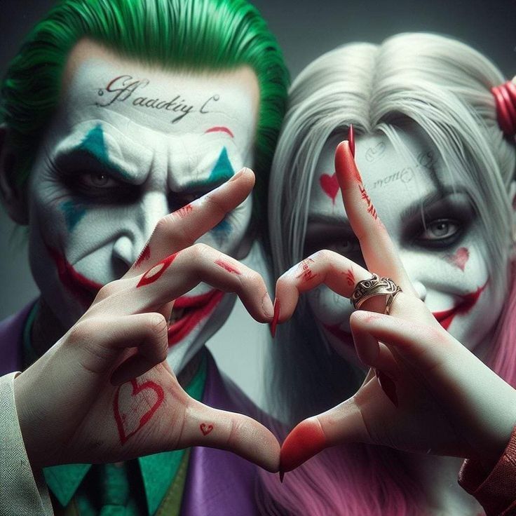 two people dressed as the joker and harley make heart signs with their hands while wearing makeup