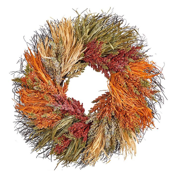 an orange and red dried wreath on a white background