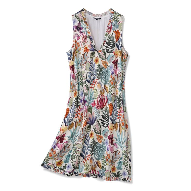 Hawaiian Dress For Women Afternoon Garden V-Neck Dress Casual V-neck Sundress For Summer Outings, Multicolor Tropical Print Sundress For Summer Outings, Tropical Multicolor Sundress For Summer Outings, Casual Tropical Print Sundress For Summer Outings, Casual Multicolor Sundress With Tropical Print, Casual Green Tropical Print Sundress, Casual Green Sundress With Tropical Print, Tropical Green V-neck Sundress, Casual Beige V-neck Sundress