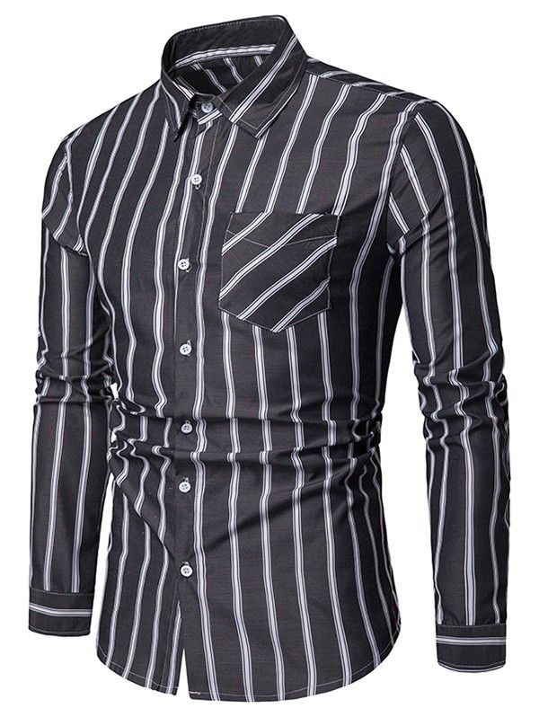 Chest Pocket Stripe Print Button Up Shirt - Black - 4U04345412 - Men's Clothing, Men's Tops & T-Shirts, Men's Shirts  #MensShirts #Men's #Clothing # #Men's #Tops #& #TShirts # #Men's #Shirts Black Business Shirt With Pockets, Black Shirt With Button Closure And Casual Collar, Black Slim Fit Tops With Pockets, Casual Striped Tops For Business, Black Slim Fit Shirt With Casual Collar, Casual Gray Shirt For Business, Fitted Black Shirt With Pockets, Black Slim Fit Casual Shirt, Cool Shirts For Men