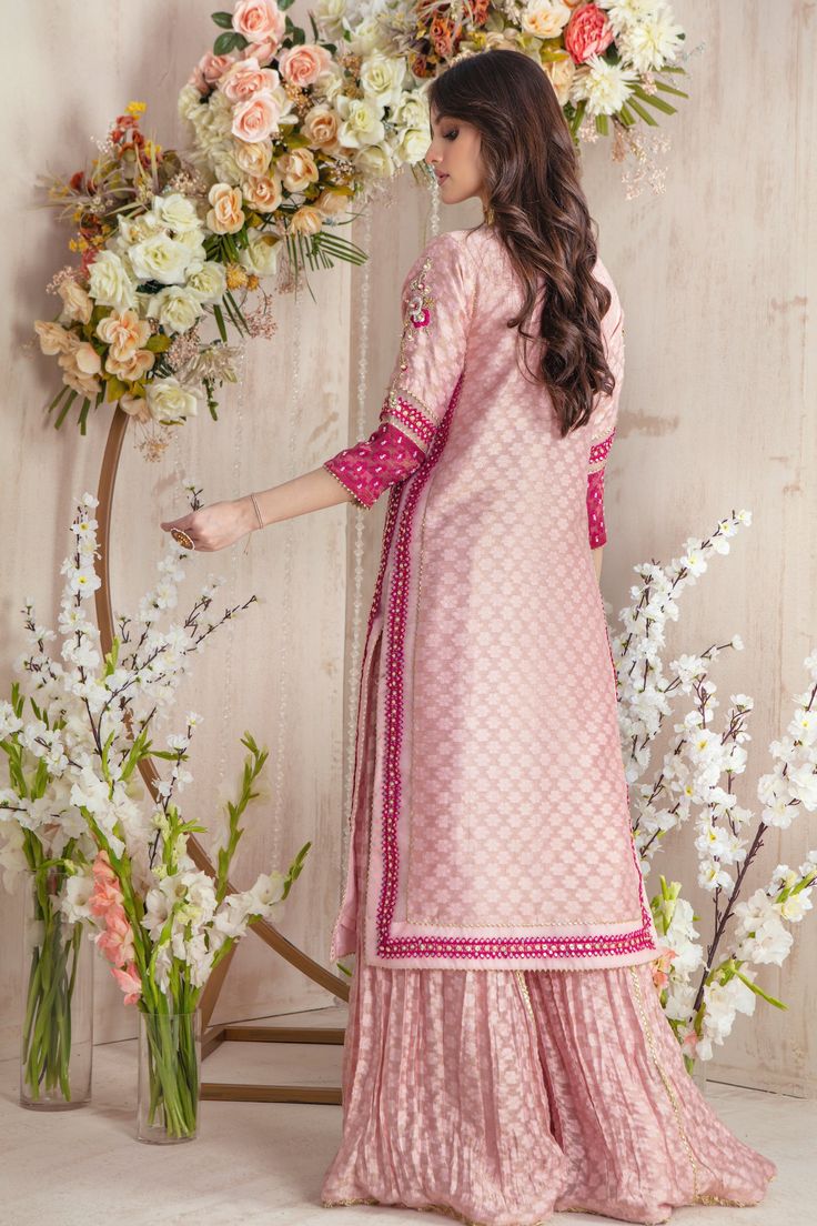 Pink Pearl | Pakistani Designer Outfit | Sarosh Salman Pink Raw Silk Set With Zari Work, Pink Chinon Sets With Zari Work, Pink Chanderi Designer Sets, Pink Sets With Dabka Work For Eid, Pink Chanderi Sets For Designer Wear, Pink Chanderi Sharara For Reception, Designer Chanderi Sets In Pink, Pink Dori Work Sets For Eid, Festive Pink Raw Silk Traditional Wear