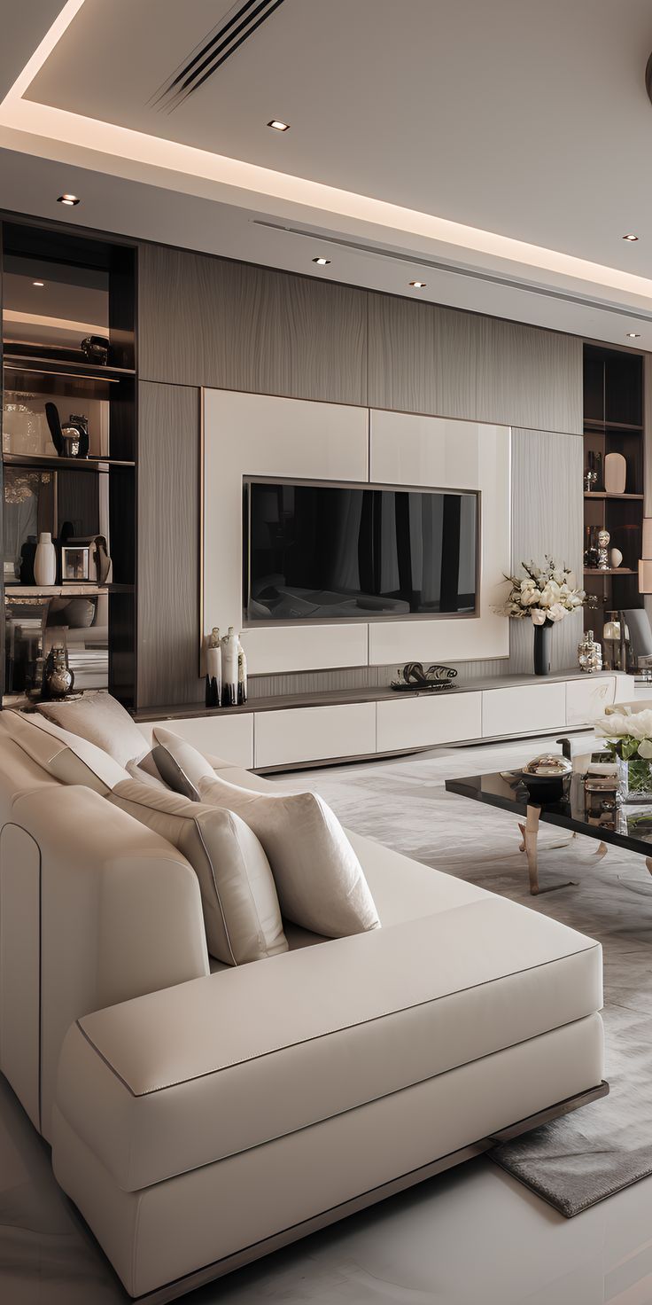 a living room with white couches and a large tv on the wall in front of it