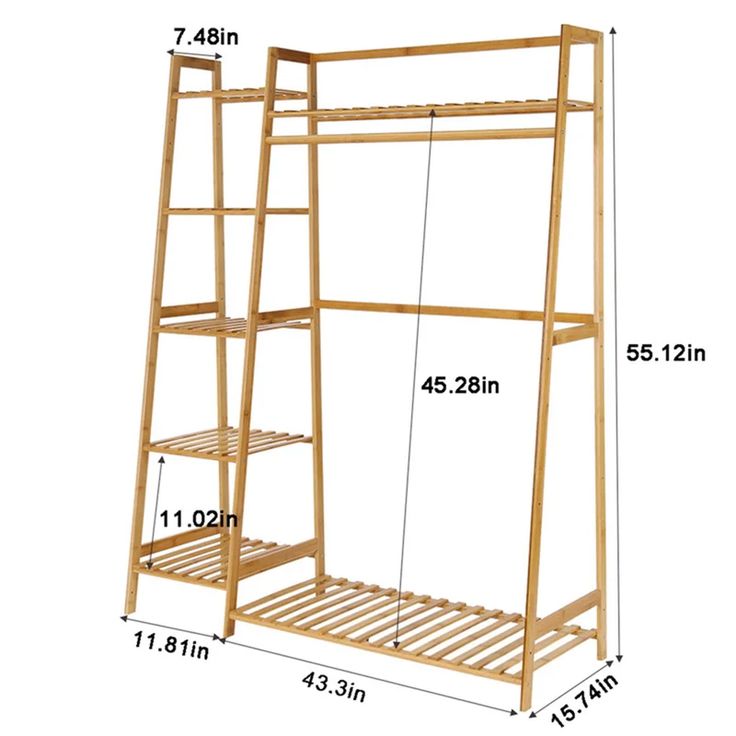 a wooden bunk bed with measurements for the top and bottom shelves on each side,