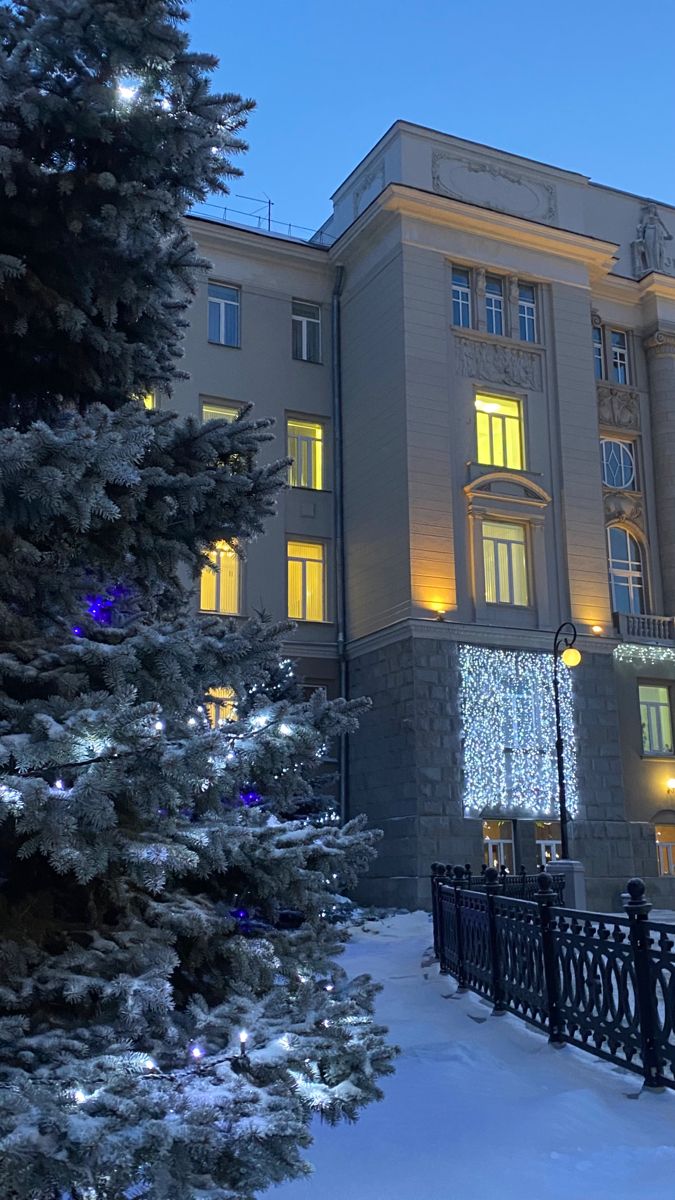 a large building with lights on the windows and trees in front of it at night