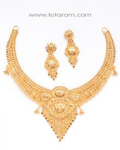 22 Karat Gold Necklace & Drop Earrings Set Contains Necklace & Ear hangings. - 235-GS157 - in 42.000 Grams for USD $3218.99. Made in India by Totaram Jewelers Online this product is in Gold - 22 Karat BIS Hallmark 916 KDM Gold & is an excellent gift for Adult - Women. Ships fully insured with secured guaranteed delivery for free with your order over $250 from New Jersey USA & comes with 30 days exchange policy. Indian Gold Jewellery Design, 22k Gold Bangles, 22 Carat Gold Jewellery, 22k Gold Necklace, Temple Jewelry Necklace, Stone Necklace Set, Gold Jewellry, Necklace Set Indian, 22k Gold Jewelry