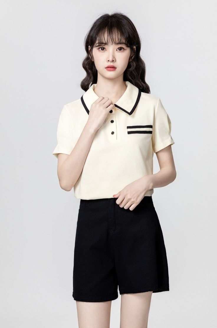 Beige Polo Collar Short Sleeve Shirt Anzu M Korean Blouses, Korean Shirts, Cropped Polo Shirt, Fashion Chingu, Minimalist Shirts, Green Polo Shirts, Leopard Print Shorts, Black Tie Dye, Tie Dye Shirt