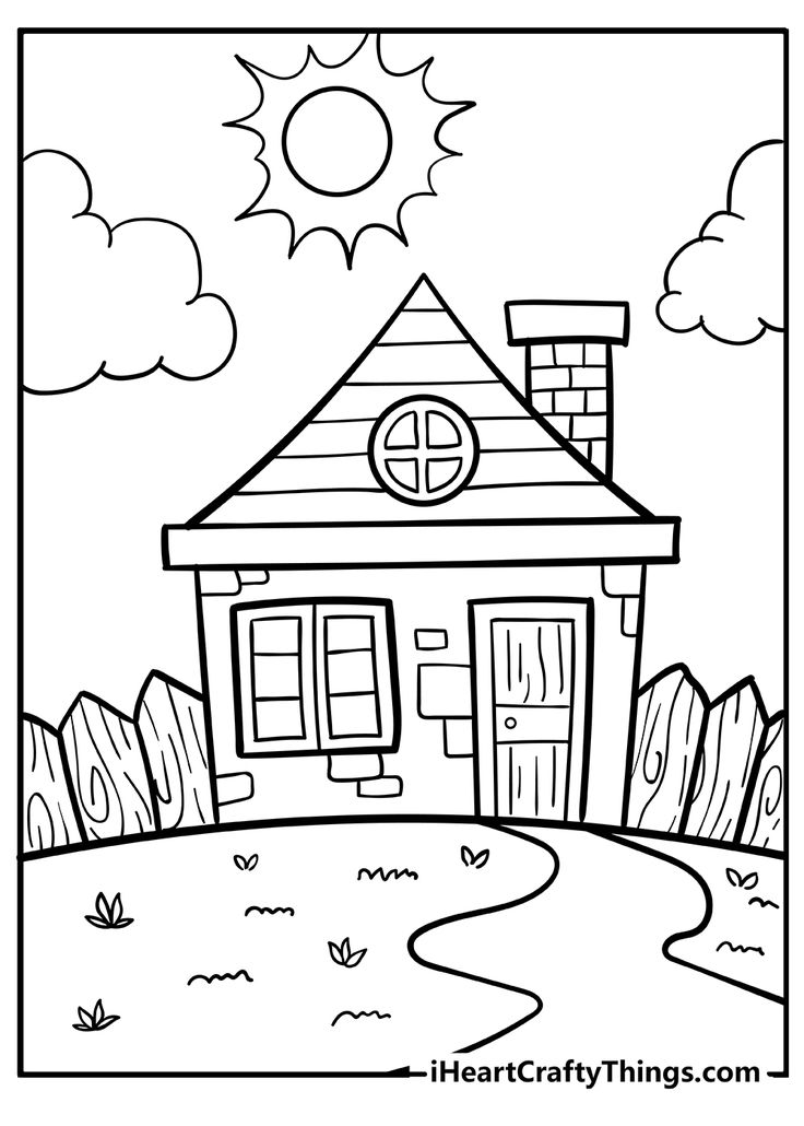 a coloring page with a house in the background