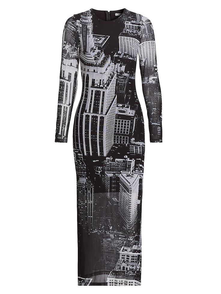 "Find ALICE + OLIVIA Delora Print Midi-dress on Editorialist. Finished in cityscape photographic print, Alice + Olivia's Delora midi-dress showcases fitted long sleeves and a body-con silhouette. Crewneck Long sleeves Back zip closure 90% polyester/10% elastane Lining: 85% nylon/15% elastane Dry clean Imported SIZE & FIT About 51.5\" from shoulder to hem Model measurements: 5'10\" tall Model is wearing a US size 4 ABOUT THE BRAND Founder Stacey Bendet has been embracing bold color, eclectic prin Eclectic Prints, Stacey Bendet, Chic Leather, Feminine Aesthetic, Midi Dress With Sleeves, Bold Color, Long Sleeve Midi, Blue Midi Dress, Printed Midi Dress