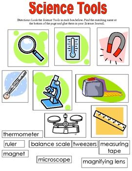 the science tools worksheet is shown with pictures and words to describe what they are