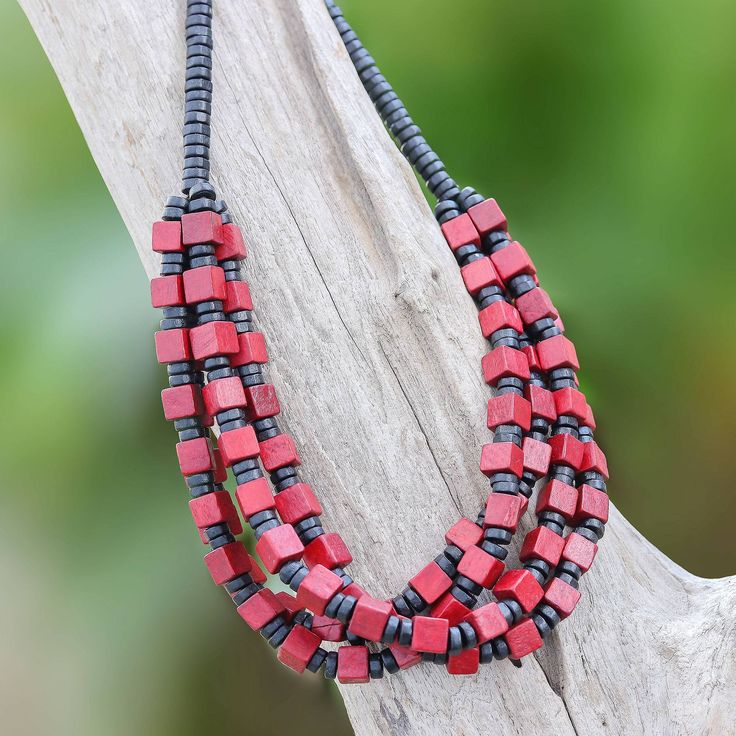 Red and Black Boxwood Cube Beaded Torsade Necklace - Red Elegance Squared | NOVICA Square Glass Beads Jewelry Ideas, Square Beads Necklace, Cube Beads Jewelry Ideas, Beads Jewelry Ideas, Wood Beads Jewelry, Boho Necklaces, Beads Craft Jewelry, Bracelets Handmade Diy, Nice Jewelry