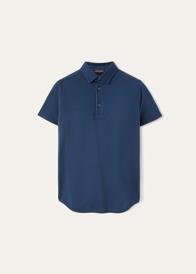 Short-sleeved polo shirt with shirt-style collar in light-weight cotton. Styled with a fitted cut, perfect under jackets and sweaters. Short Sleeve Tops With Ribbed Collar For Business Casual, Business Casual Short Sleeve Top With Ribbed Collar, Blue Short Sleeve Polo Shirt For Work, Blue Short Sleeve Polo Shirt For Workwear, Relaxed Fit Business Casual Top With Fold Down Collar, Blue Cotton Top With Ribbed Collar, Blue Tops For Work With Fold Down Collar, Blue Cotton Tops With Ribbed Collar, Blue Cotton Polo Shirt With Placket