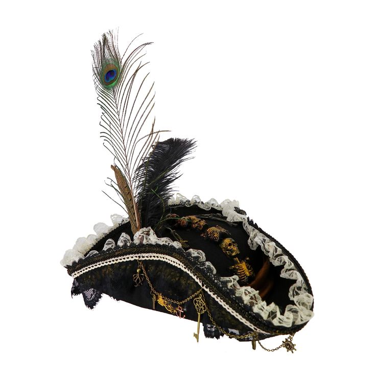 PRICES MAY VARY. Features antiqued goldtone skeleton decoration Victorian-style lace ribbon trim Antiqued chains with nautical-themed charms High-quality hat ideal for costumes and cosplay This stunning, high-quality pirate hat is a perfect accessory for costumes, cosplay, and Steampunk or Victorian style dress. Its unique design features a feather plume decoration, a ruffled lace ribbon trim, chains with nautical-themed charms, and an antique-style burnished skeleton centerpiece.