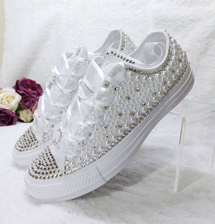 Wedding Sneakers For Bride, Pearl Sneakers, Bride Converse, Bride Shoe, Rhinestone Converse, Shoes Decor, Bride Sneakers, White Converse Shoes, Color Converse