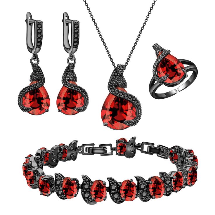 PRICES MAY VARY. ❤A SPARKLING JEWELRY SET❤:We configured a teardrop created-garnet for this brand new gun black jewelry set. Its unique curved structure is set with small round black stones. This center stone will sparkle in the sun, reflecting a vivid red light. It will be a great choice with dark dresses for outdoor weddings and parties. ❤MATERIAL❤:This jewelry set is made of black gun plated copper, highly polished, lead-free, nickel-free, and non-allergenic. The center stone is a teardrop re Black Jewelry Set, Dark Dresses, Fortnite Map, Sparkling Jewelry, Black Stones, Bracelet Wedding, Prom Jewelry, Garnet Necklace, Sparkle Jewelry