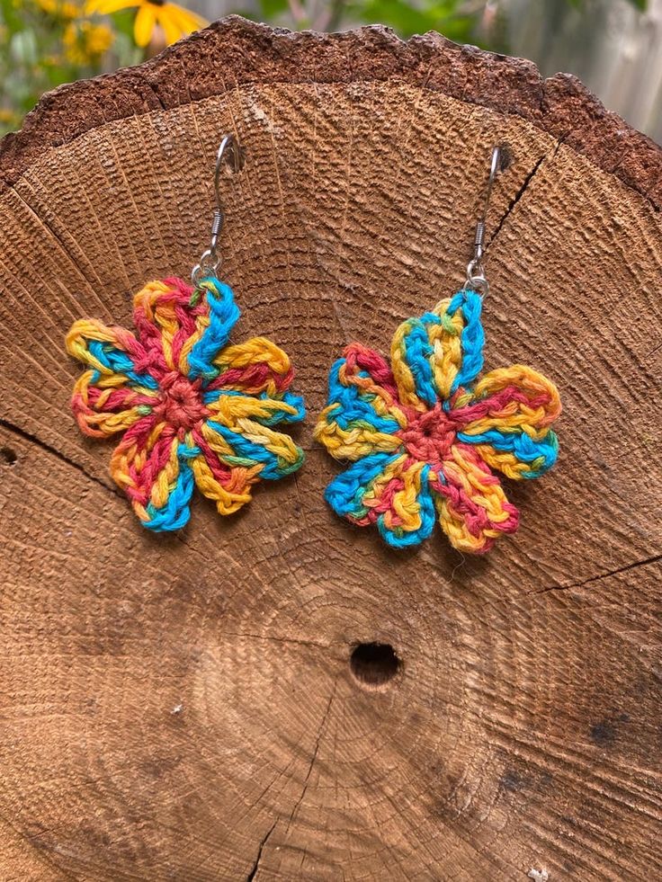 Crocheted Rainbow Flower Kaleidoscope Retro Dangle Earrings - Etsy Trendy Red Flower Earrings For Summer, Trendy Multicolor Flower Earrings, Colorful Spring Dangle Earrings, Spring Rainbow Earrings, Spring Multicolored Dangle Earrings, Colorful Dangle Earrings For Spring, Multicolor Flower Earrings For Summer Beach, Trendy Multicolor Flower Earrings For Spring, Fun Rainbow Earrings For Summer