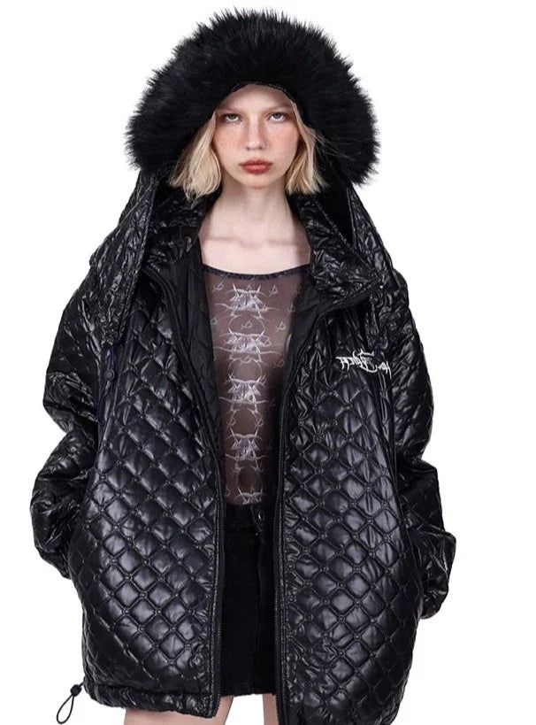 Elegant quilted jacket in glossy black with a luxurious oversized faux fur hood. Features a diamond-stitched pattern for added texture and style. Loose, cocoon-like silhouette offers both comfort and fashion-forward design. Zip-front closure and side pockets for practicality. Perfect for cold weather, upscale winter events, or as a statement piece over evening wear. Material Info100% polyester Model info Height: 174cm Weight: 44kg Wearing size: M Quilted Black Hooded Outerwear, Black Quilted Hooded Outerwear, Black Quilted Hooded Puffer Jacket, Black Quilted Hooded Jacket For Winter, Black Quilted Long Sleeve Hooded Jacket, Black Hooded Puffer Quilted Jacket, Black Hooded Quilted Jacket, Black Quilted Puffer Jacket For Winter, Black Quilted Parka For Fall