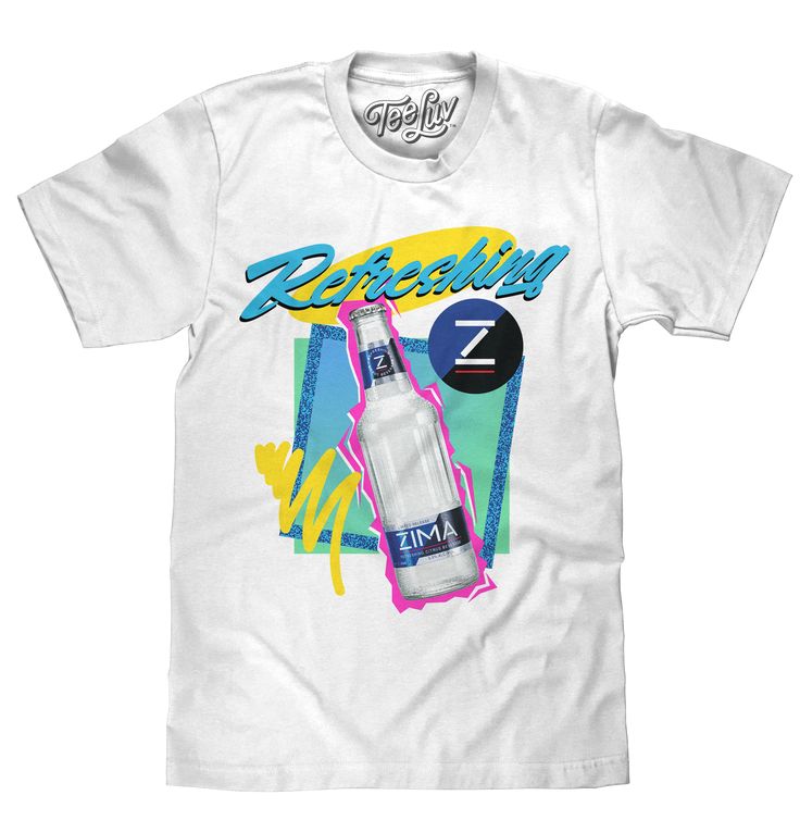 "Is that a Zima Shirt!?" The 90s rocked, and if it could be summed up in a single beverage - it would definitely be a cool and refreshing Zima clear malt! For nostalgic Zima fans that want to take a trip back to this simpler time of cargo pants and Beverly Hills 90210, our team created this Zima T-Shirt featuring the famous clear malt bottle and "Refreshing" slogan. For extra 90s style points, we featured it against a bold neon-inspired background and printed it on the softest and highest qualit Pop Culture Graphic Design Tops For Summer, 90s Style Graphic T-shirt For Summer, 90s Graphic Design T-shirt For Summer, 90s Summer T-shirt With Graphic Print, 90s Style Summer T-shirt With Graphic Print, 90s Style Summer Screen Print T-shirt, 90s Style Summer T-shirt With Sublimation Print, Pop Culture Sublimation Print T-shirt For Summer, Summer Pop Culture T-shirt For Fans