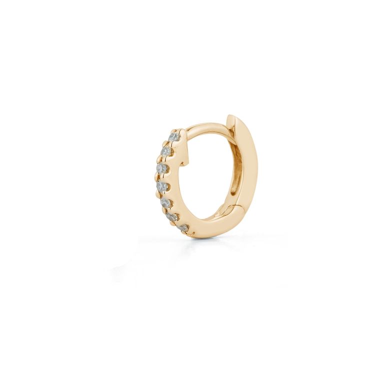 This pavé-set diamond and gold mini huggie earring is a perfect size for those with petite earlobes or for 2nd, 3rd, 4th piercings. This diamond huggie hugs your earlobe just right and is a brilliant addition to your ear stack. Sized for a first, second, or any ear piercing the mini huggie is the earring you've been hunting for. The mini is a staple of the Dana Rebecca office ear stack. The lever back makes for easy and secure closure. This pavé diamond huggie is available in white, yellow, and Classic Rose Gold Huggie Diamond Earrings, Dainty Rose Gold Huggie Diamond Earrings, Classic Rose Gold Diamond Huggie Earrings, Rose Gold Huggie Earrings With Diamond Cut, Rose Gold Small Hoop Huggie Earring (single), Dana Rebecca Designs, Diamond Huggie Earrings, Diamond Huggies, Ear Stack