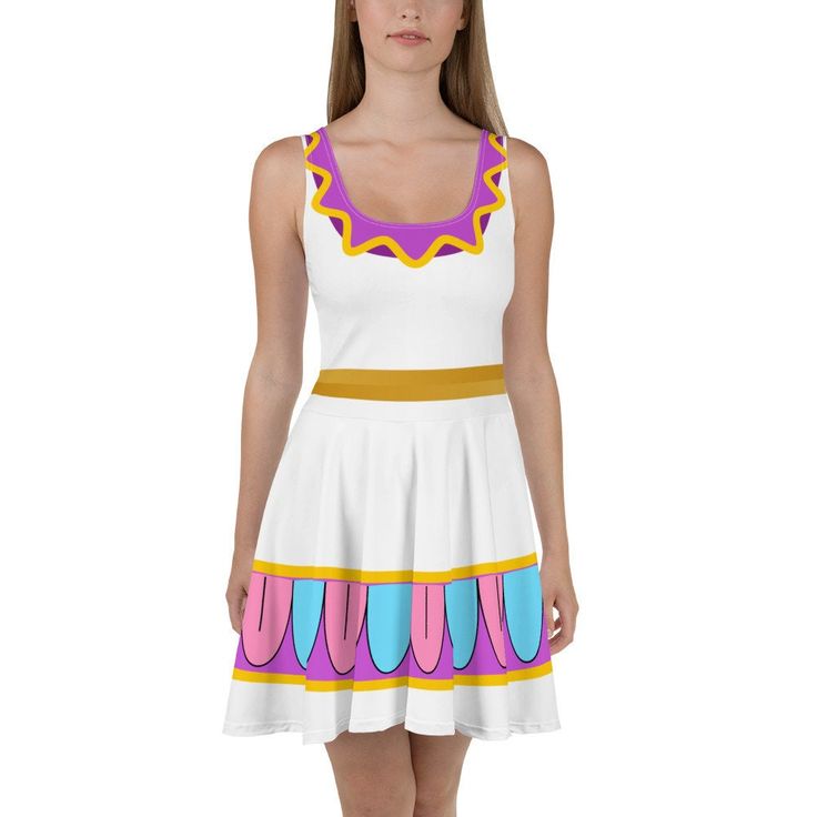 Dress to impress with this sleeveless skater dress! The soft fabric and flared skirt give it an elegant twist that brings out the intricate design with a beautiful vibrancy. * 82% polyester, 18% spandex * Fabric weight: 6.78 oz/yd² (230 g/m weight may vary by 5% * Smooth and elastic fabric * Mid-thigh length flared skirt * Elastic waistline * Overlock seams, coverstitch hemline This product is made especially for you as soon as you place an order, which is why it takes us a bit longer to deliver Fairy Kei Dress For Costume Party, Fitted Fairy Kei Style Dress, Fitted Fairy Kei Dress For Fancy Dress, White A-line Dress For Costume Party, Fantasy Dresses For Summer Costume Party, Fitted Fantasy Dresses For Themed Events, Fitted White Fairytale Fairy Dress, Fitted Fairytale Dress For Dress-up Occasions, Fairytale Style Fitted Dress For Dress-up Occasions